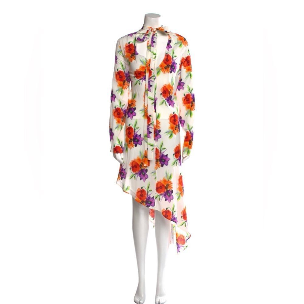 MSGM Milano Silk Crepe Floral Asymmetric Dress Made in Italy IT 44 US 8